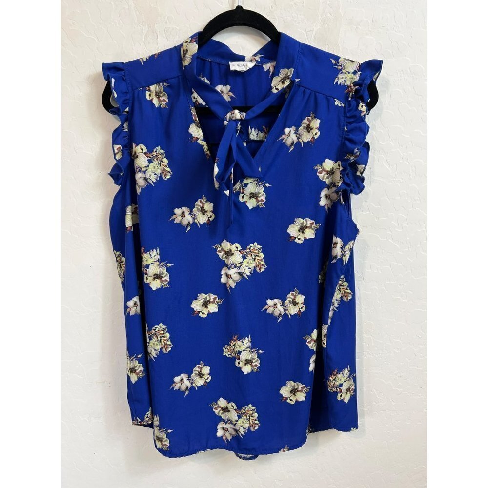 Trendy JS Sz XL Blue Floral Ruffle Sleeveless Blouse with Tie Front Detail
